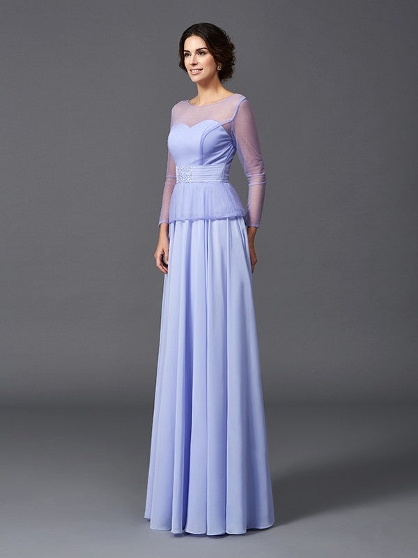 A-Line/Princess Scoop Ruffles Long Sleeves Long Chiffon Mother of the Bride Dresses