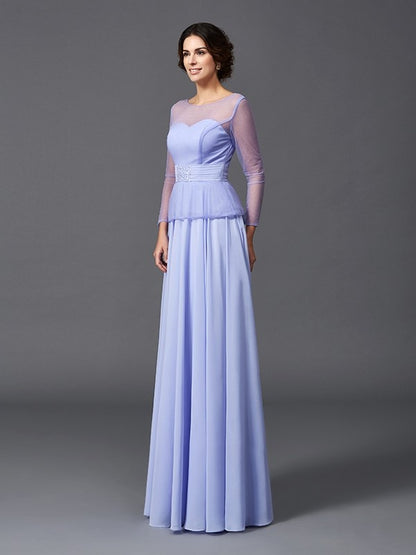 A-Line/Princess Scoop Ruffles Long Sleeves Long Chiffon Mother of the Bride Dresses