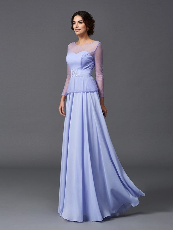 A-Line/Princess Scoop Ruffles Long Sleeves Long Chiffon Mother of the Bride Dresses