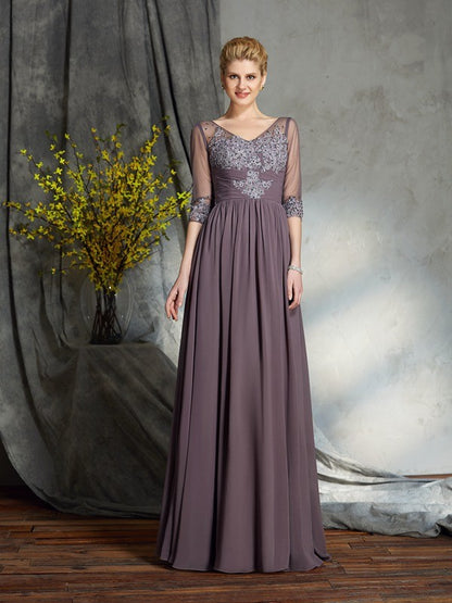 A-Line/Princess V-neck 1/2 Sleeves Long Chiffon Mother of the Bride Dresses