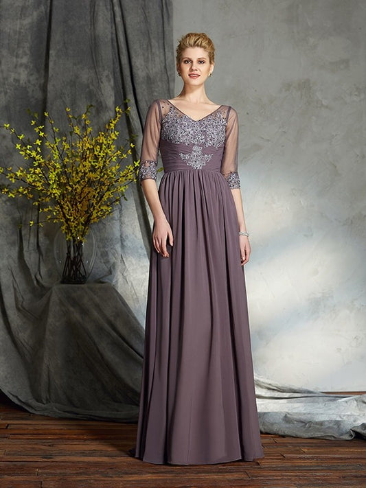 A-Line/Princess V-neck 1/2 Sleeves Long Chiffon Mother of the Bride Dresses