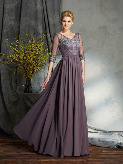 A-Line/Princess V-neck 1/2 Sleeves Long Chiffon Mother of the Bride Dresses