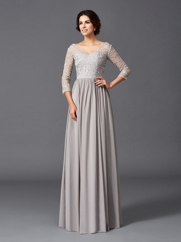 A-Line/Princess V-neck Ruffles 3/4 Sleeves Long Chiffon Mother of the Bride Dresses