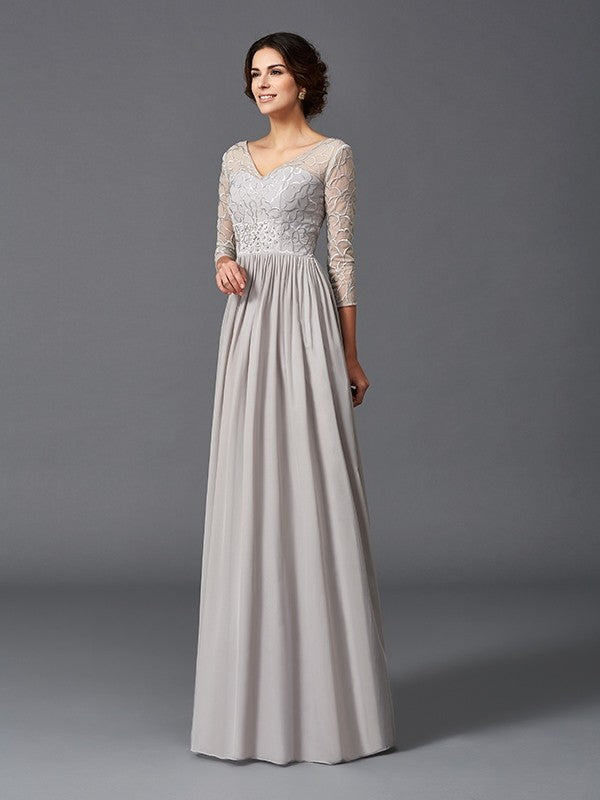 A-Line/Princess V-neck Ruffles 3/4 Sleeves Long Chiffon Mother of the Bride Dresses