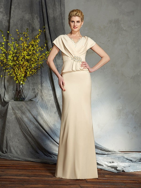 Sheath/Column V-neck Beading Short Sleeves Long Silk like Satin Mother of the Bride Dresses