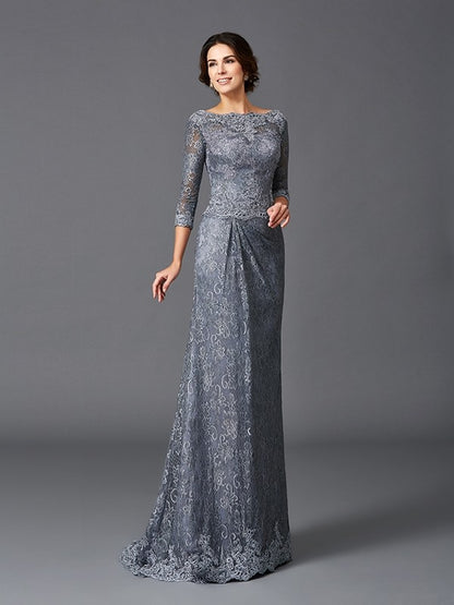 A-Line/Princess Bateau Lace 3/4 Sleeves Long Net Mother of the Bride Dresses