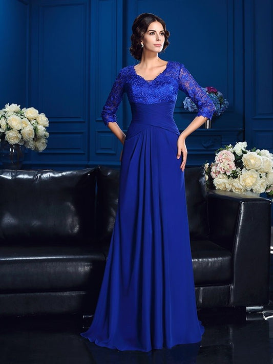 A-Line/Princess V-neck Applique 3/4 Sleeves Long Chiffon Mother of the Bride Dresses