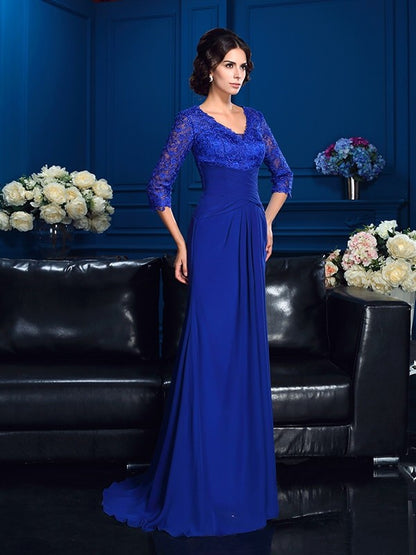 A-Line/Princess V-neck Applique 3/4 Sleeves Long Chiffon Mother of the Bride Dresses