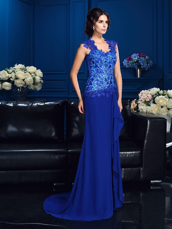 A-Line/Princess V-neck Applique Sleeveless Long Chiffon Mother of the Bride Dresses