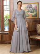 Mother of the Bride Dresses A-Line Princess Chiffon Applique V-neck 1/2 Sleeves Floor-Length