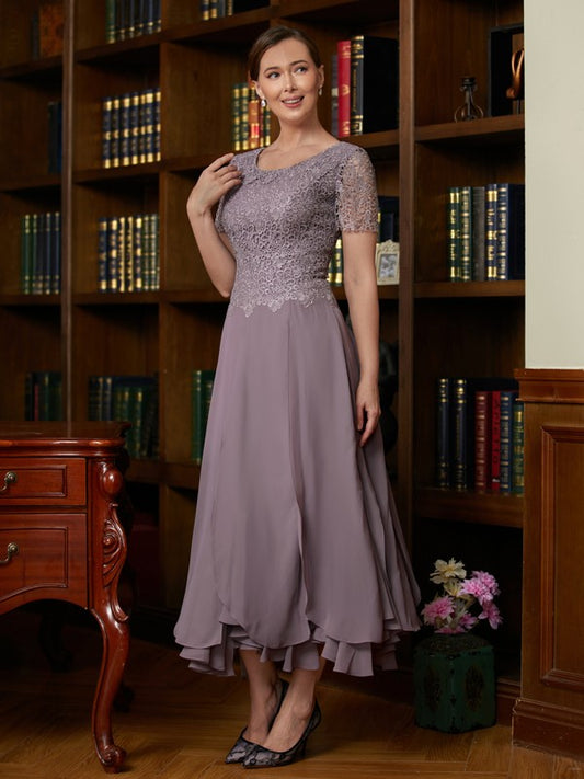 Mother of the Bride Dresses A-Line Princess Chiffon Lace Short Sleeves Ankle-Length