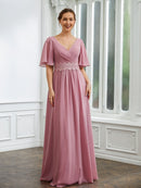 Mother of the Bride Dresses A-Line Chiffon Ruched V-neck 1/2 Sleeves Floor-Length