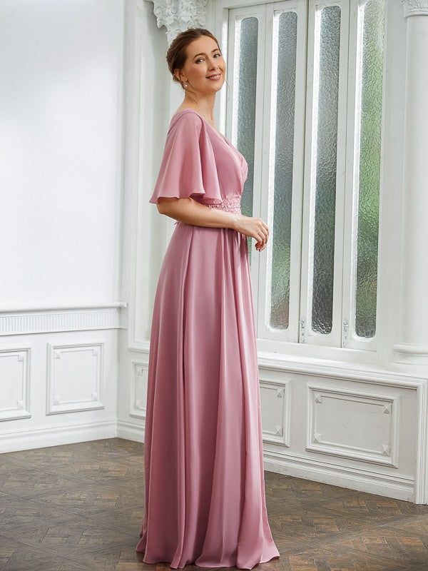 Mother of the Bride Dresses A-Line Chiffon Ruched V-neck 1/2 Sleeves Floor-Length