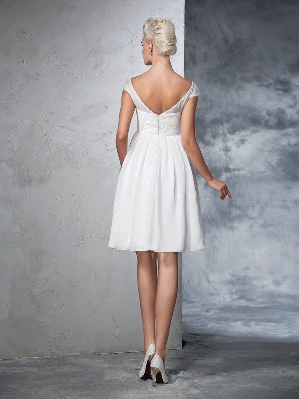 A-Line/Princess Sheer Neck Ruched Short Sleeves Short Chiffon Wedding Dresses