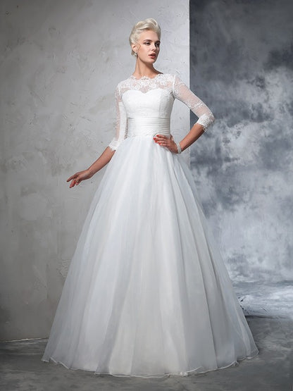 Ball Gown Jewel Applique 3/4 Sleeves Long Organza Wedding Dresses