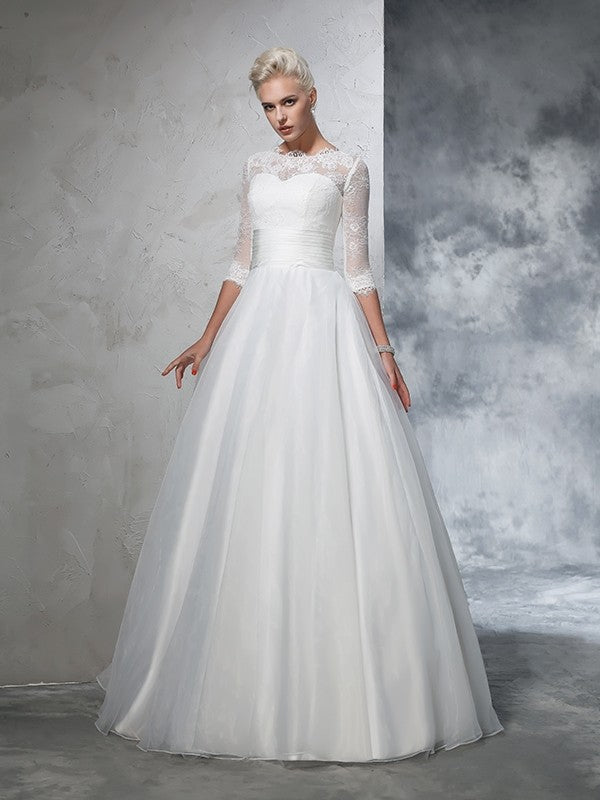 Ball Gown Jewel Applique 3/4 Sleeves Long Organza Wedding Dresses