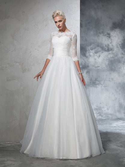 Ball Gown Jewel Applique 3/4 Sleeves Long Organza Wedding Dresses