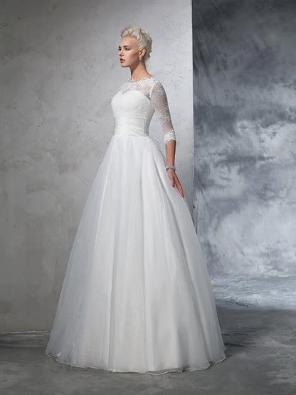 Ball Gown Jewel Applique 3/4 Sleeves Long Organza Wedding Dresses