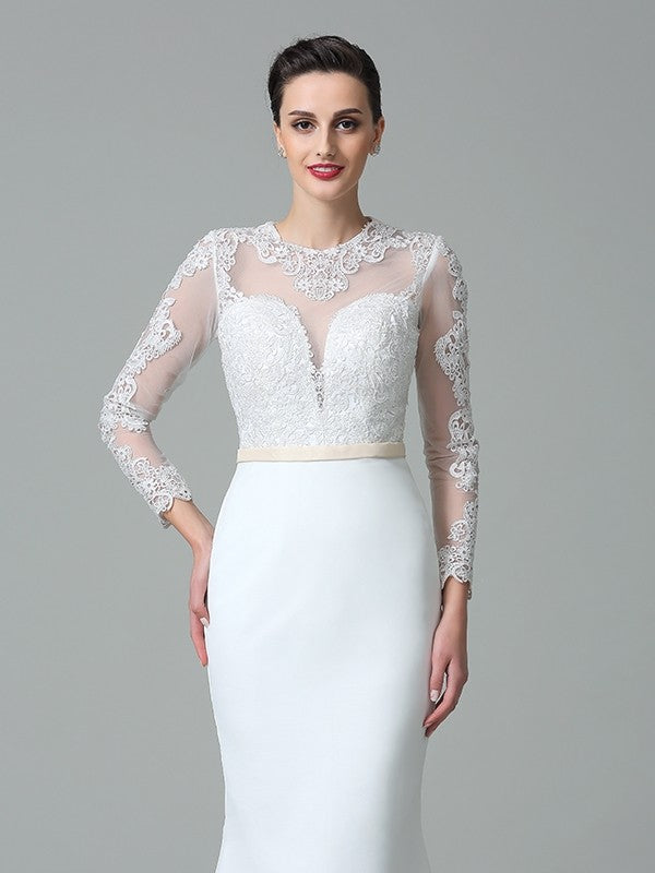 Trumpet/Mermaid Jewel Lace Long Sleeves Long Chiffon Wedding Dresses