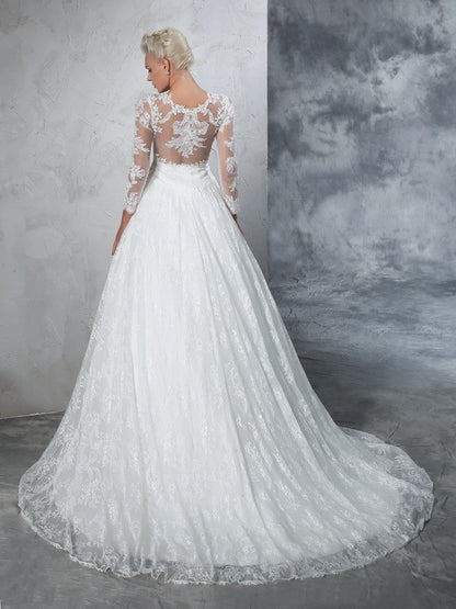 Ball Gown Jewel Lace Long Sleeves Long Lace Wedding Dresses