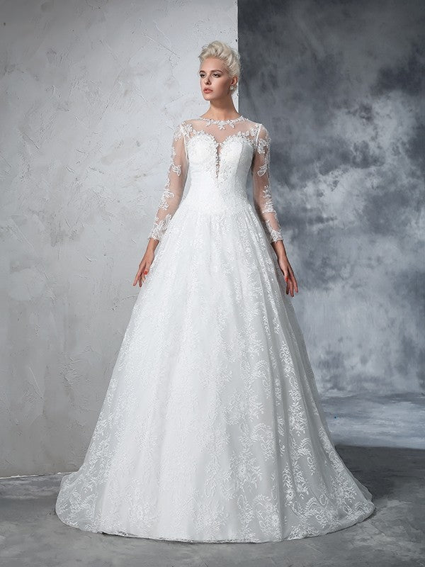 Ball Gown Jewel Lace Long Sleeves Long Lace Wedding Dresses