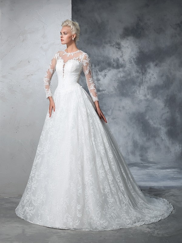 Ball Gown Jewel Lace Long Sleeves Long Lace Wedding Dresses