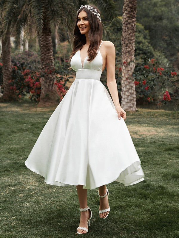 Wedding Dresses Princess Ruffles V neck Sleeveless Satin Length