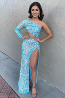 Evening Dress Sheath One Shoulder Long Sleeves Sequins Long Prom Dress Side Fork Unique Sparkle Formal Women's Dresses