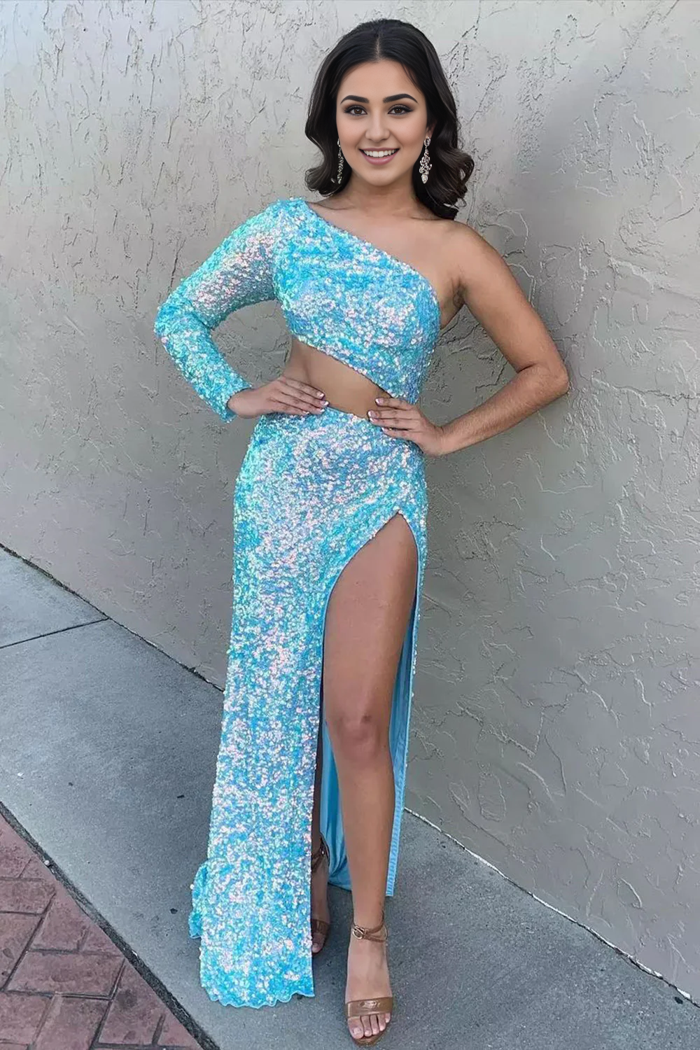 Evening Dress Sheath One Shoulder Long Sleeves Sequins Long Prom Dress Side Fork Unique Sparkle Formal Women's Dresses