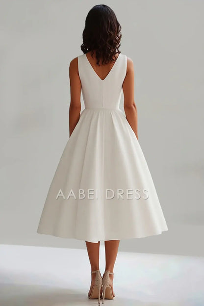 AABEI DRESS Hot Sale Homecoming Dress A Line Deep V Neck Sleeveless Tea-Length Elegant Graduation Dress