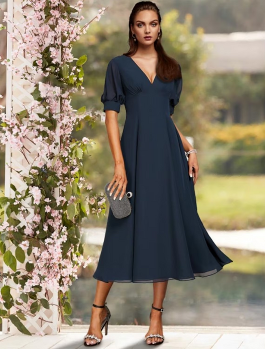 Sheath / Column Mother of the Bride Dress Minimalist Elegant V Neck Tea Length Satin Short Sleeve with Ruching Solid Color