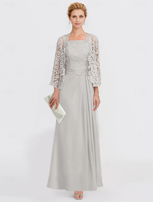 Mother of the Groom / Bride Dress A-Line Suit Straight Neckline Ankle Length Chiffon Lace Length Sleeve with Lace Side-Draped Solid Color Elegant December Wedding Guest Dress