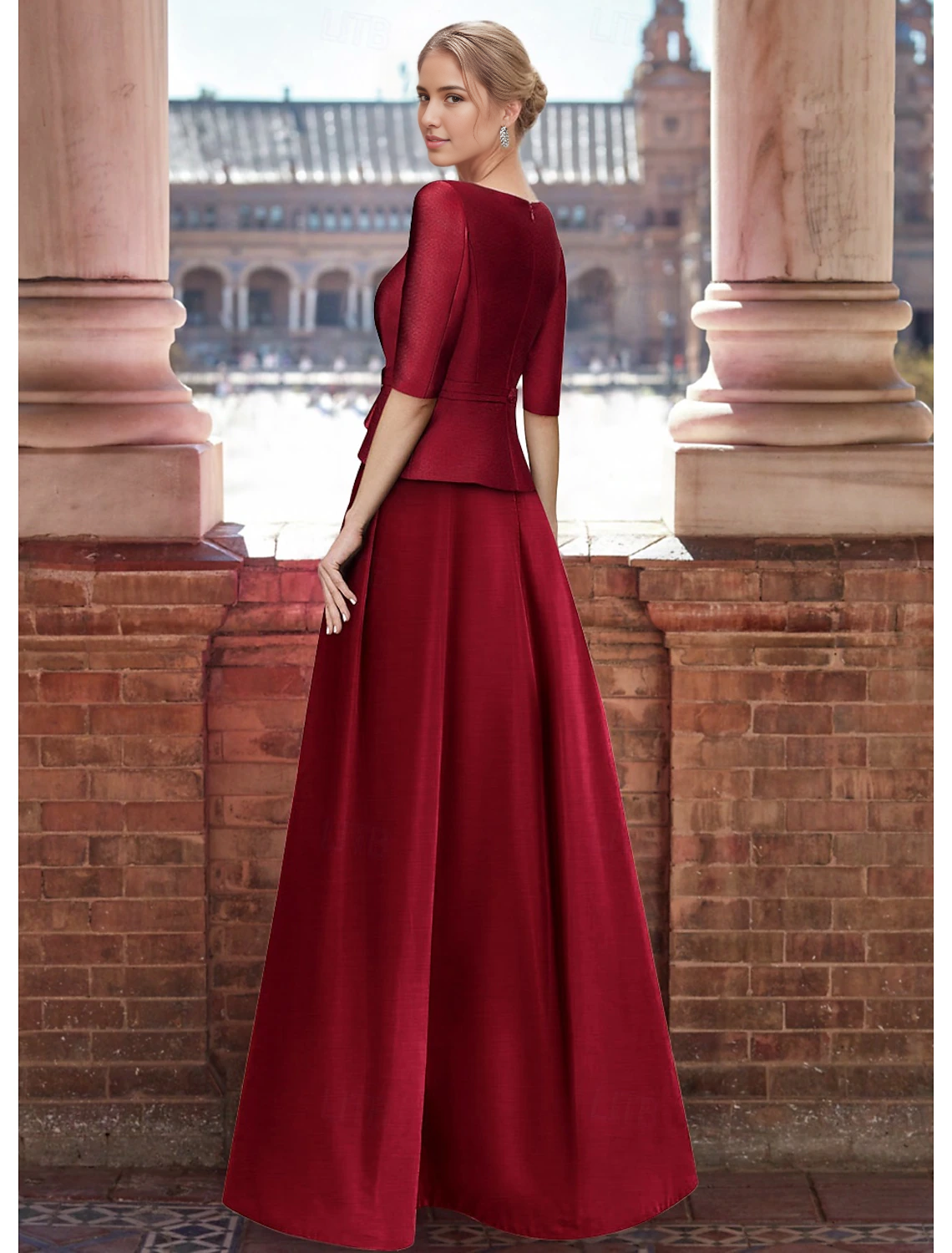 Evening Dress A-Line Gown Formal Christmas Floor Length Half Sleeve V Neck Pocket Satin with Rhinestone Elegant Fall November Wedding Guest Dress