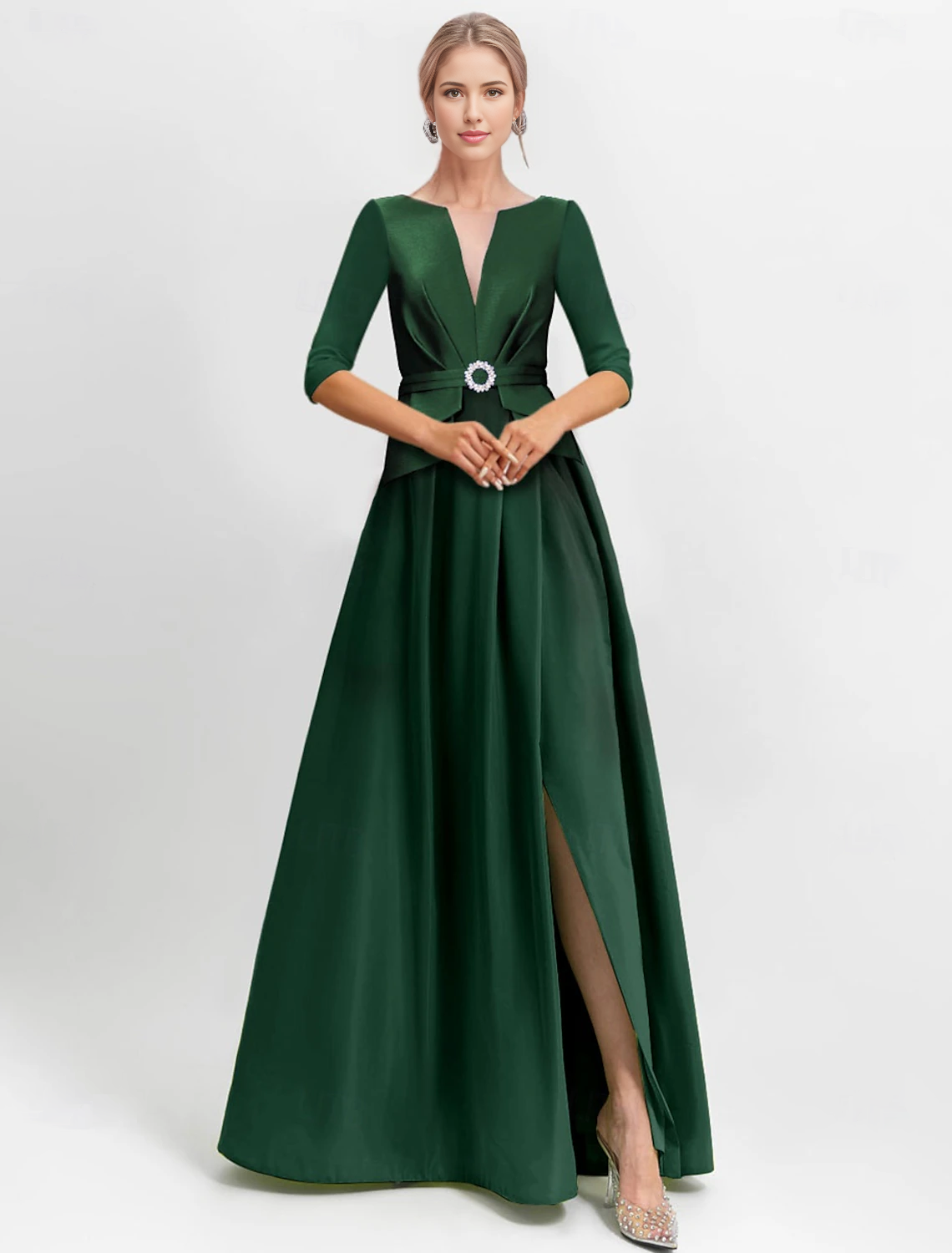 Evening Dress A-Line Gown Formal Christmas Floor Length Half Sleeve V Neck Pocket Satin with Rhinestone Elegant Fall November Wedding Guest Dress