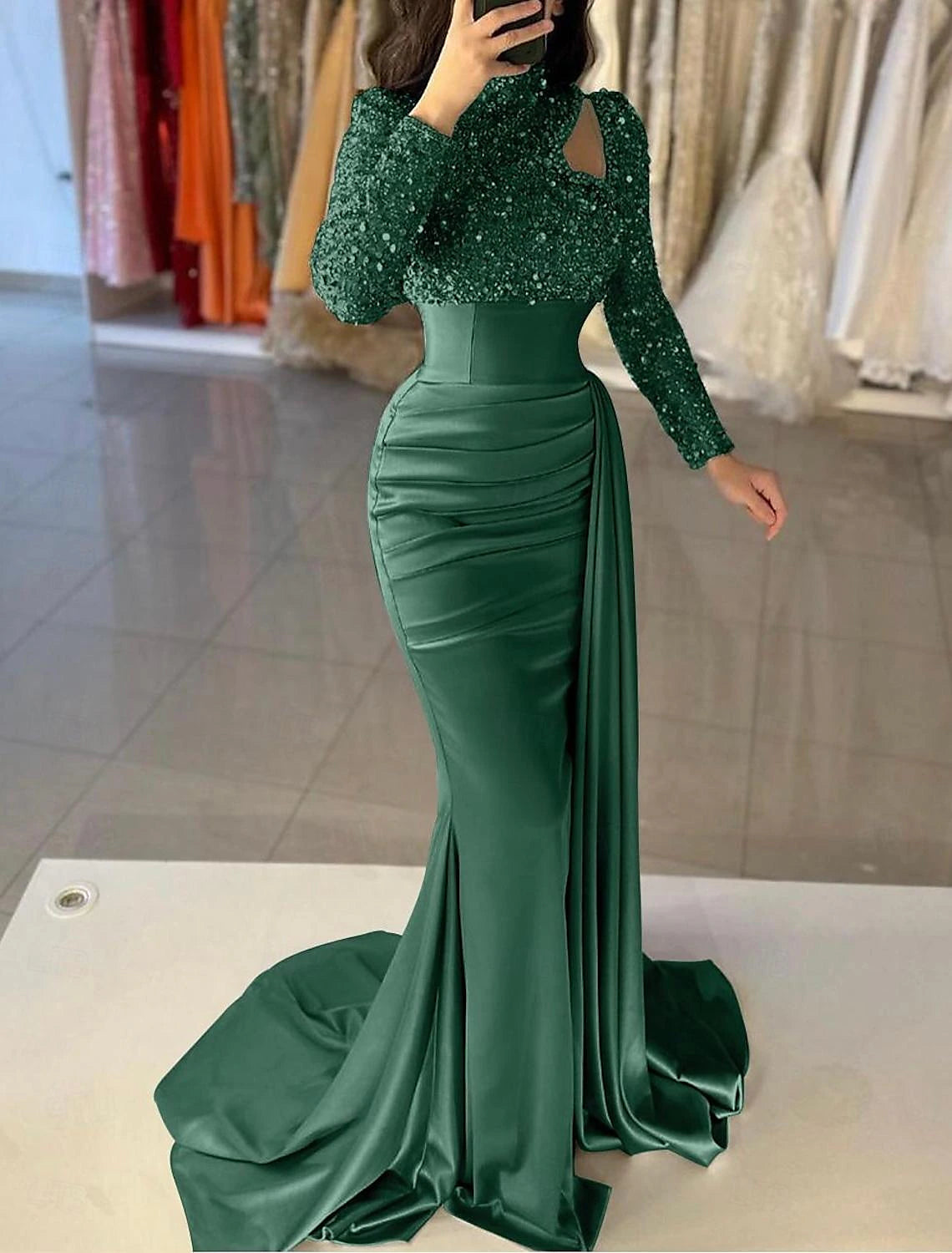 Mermaid Gown Elegant  Formal Train Long Sleeve High Neck Satin with Pearls Sequin Evening Dress