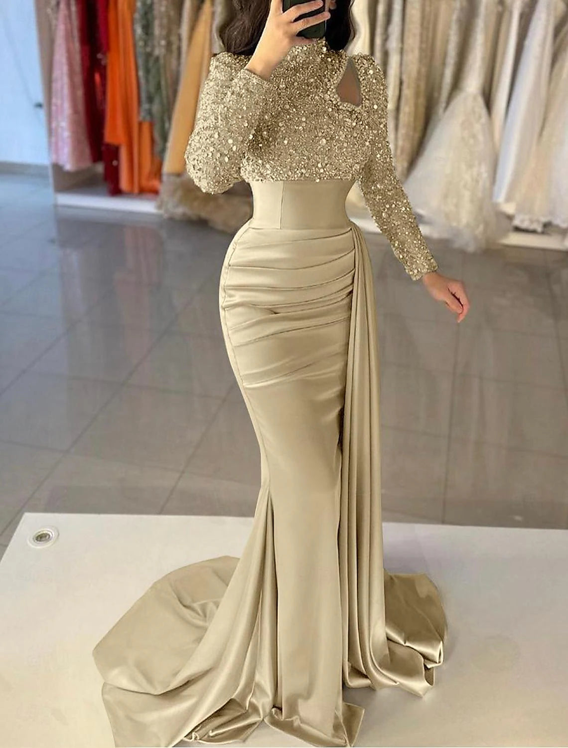 Mermaid Gown Elegant  Formal Train Long Sleeve High Neck Satin with Pearls Sequin Evening Dress