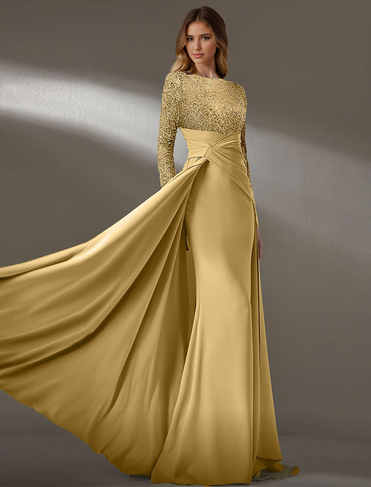 Evening Dress Sheath / Column Gown Formal Christmas Floor Length Long Sleeve Jewel Neck Pocket Silk with Sequin Elegant Fall November December Wedding Guest Dress