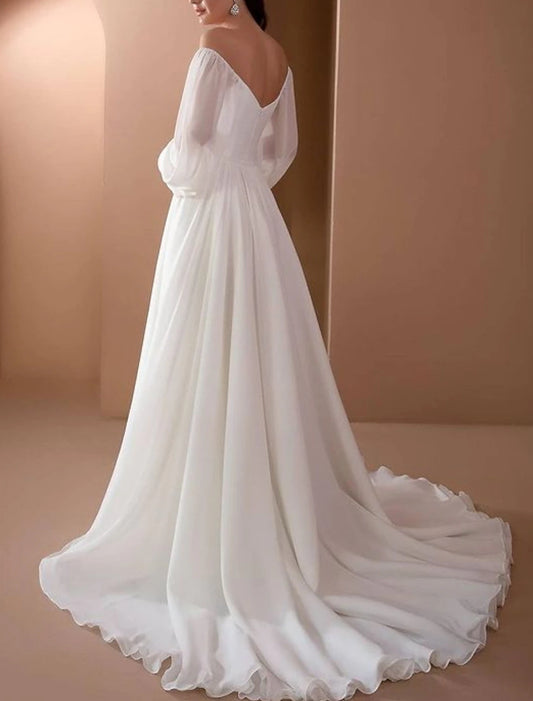 Beach Vintage Off Shoulder Long Sleeve Court Train Chiffon Bridal Gowns With Pleats Beading Wedding Dresses