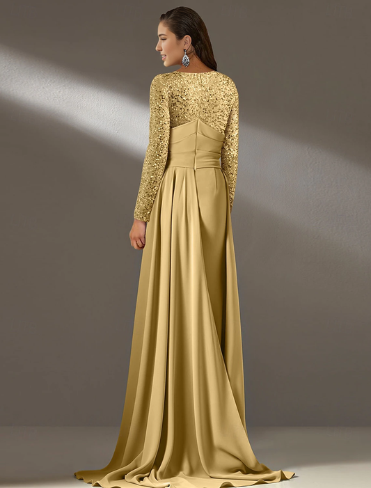 Evening Dress Sheath / Column Gown Formal Christmas Floor Length Long Sleeve Jewel Neck Pocket Silk with Sequin Elegant Fall November December Wedding Guest Dress