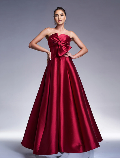 Evening Dress A-Line Glittering Satin Dress Formal Floor Length Long Sleeve Strapless with Bow(s) Fall November December Wedding Guest Dress