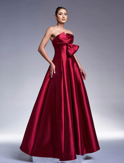 Evening Dress A-Line Glittering Satin Dress Formal Floor Length Long Sleeve Strapless with Bow(s) Fall November December Wedding Guest Dress