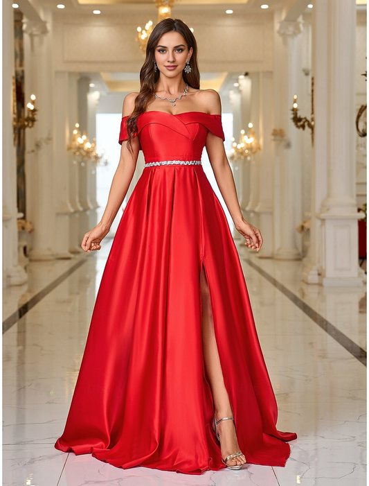 Evening Dress A-Line Formal Christmas Sweep Train Long Sleeve Off Shoulder Pocket Satin with Rhinestone Elegant Fall November December Wedding Guest Dress