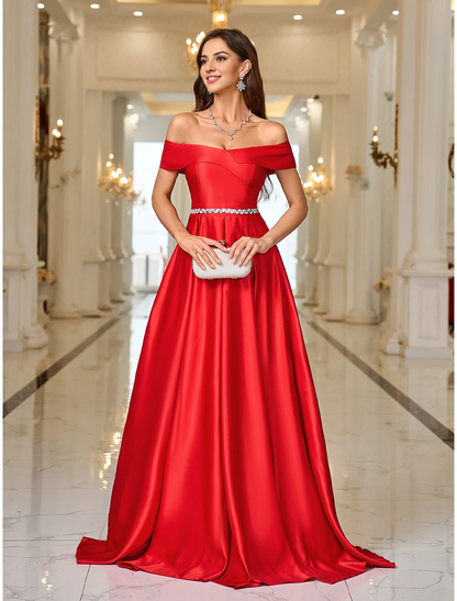 Evening Dress A-Line Formal Christmas Sweep Train Long Sleeve Off Shoulder Pocket Satin with Rhinestone Elegant Fall November December Wedding Guest Dress