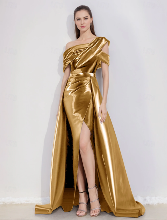 Evening Dress A-Line Formal Christmas Floor Length Short Sleeve One Shoulder Pocket Satin Glitter Elegant Fall November December Wedding Guest Dress