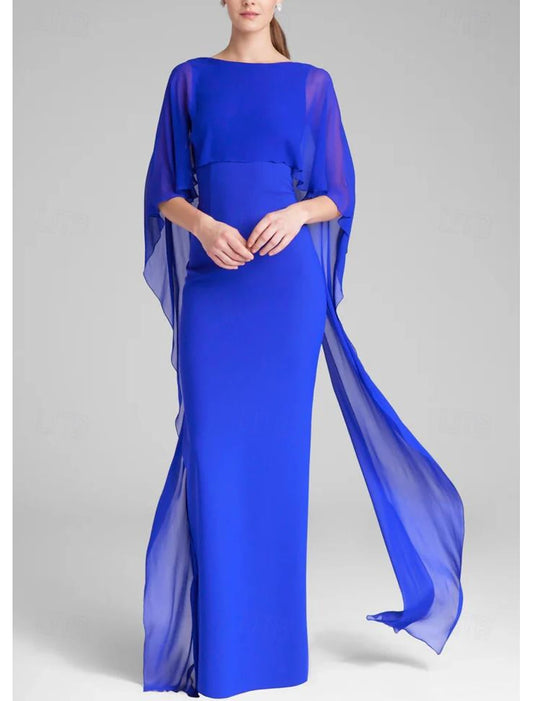 Gown Elegant Formal Wedding Guest Floor Length Short Sleeve Jewel Neck Capes Stretch Chiffon with Shawl Evening Dress