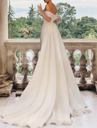 Casual Wedding Dresses Sheath / Column Off Shoulder Cap Sleeve Court Train Satin Bridal Gowns