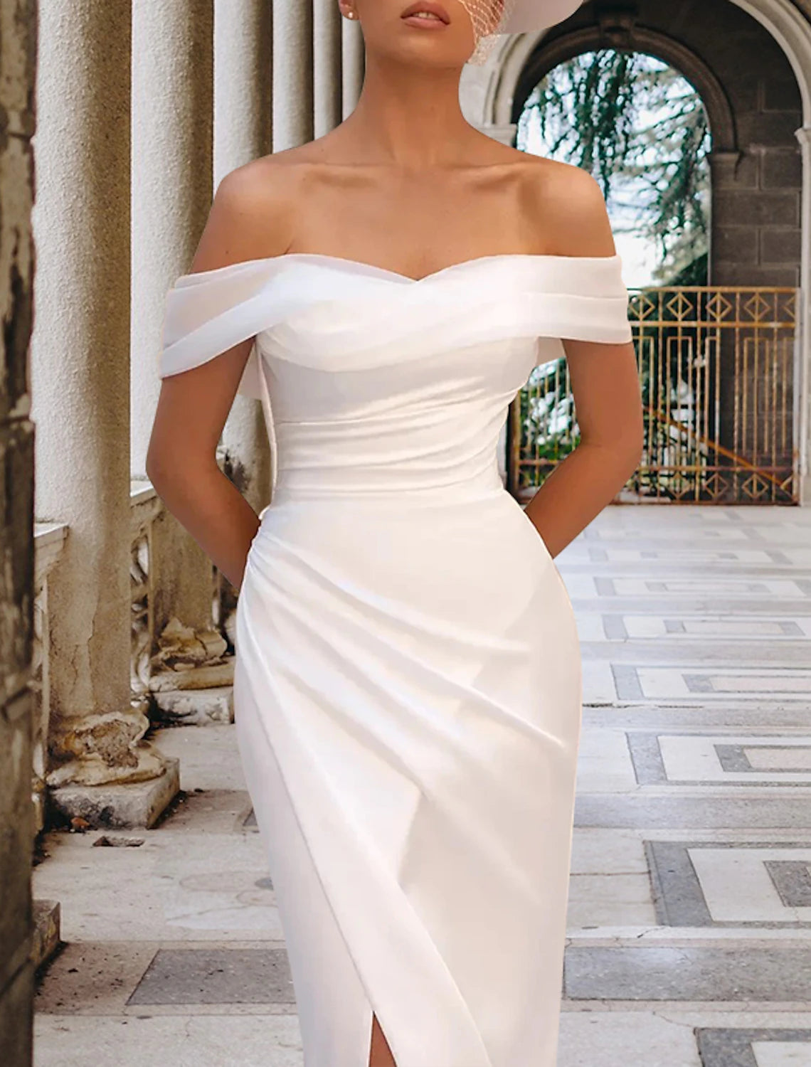 Casual Wedding Dresses Sheath / Column Off Shoulder Cap Sleeve Court Train Satin Bridal Gowns