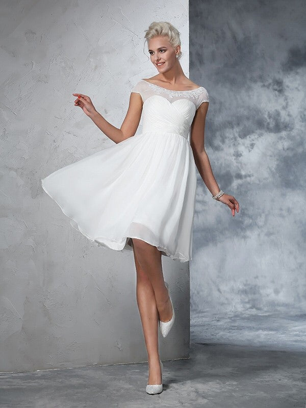 A-Line/Princess Sheer Neck Ruched Short Sleeves Short Chiffon Wedding Dresses