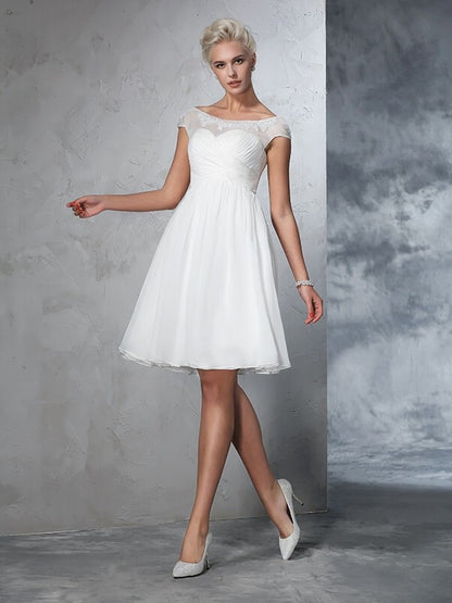 A-Line/Princess Sheer Neck Ruched Short Sleeves Short Chiffon Wedding Dresses