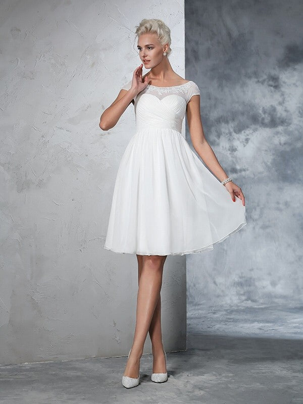 A-Line/Princess Sheer Neck Ruched Short Sleeves Short Chiffon Wedding Dresses